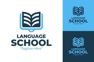 Creative Language School Logo with Open Book and Learning Icon in Blue and White vector