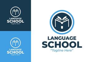 Sleek and Creative Language School Logo with Open Book and Waves in Blue and Dark Blue vector