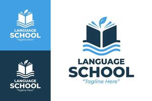 Modern and Clean Language School Logo Featuring Open Book and Leaf in Blue and White vector