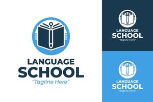 Unique Language School Logo with Open Book, Pen, and Pencil in Blue and White vector