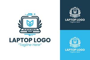 Minimalist Laptop Logo with Leaf Symbol and Digital Technology Design vector