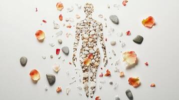 Artistic composition of human silhouette formed by pebbles and petals on white background highlighting natural elegance and creativity. Spa accessory composition set in spa hotel photo