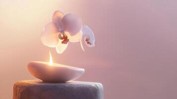 Tranquil orchid and candle arrangement on stone pedestal illuminated by soft light in serene zen-inspired setting for meditation and relaxation. Spa accessory composition set in spa hotel photo