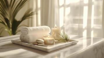 Serene spa setting with candles and rolled towels on a sunlit marble table for a relaxing and inviting ambiance in a tranquil elegance. Spa accessory composition set in spa hotel photo