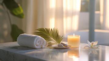 Serene spa setting with lit candle, rolled towel, and lily flower on marble table, bathed in soft sunlight for a tranquil experience. Spa accessory composition set in spa hotel photo