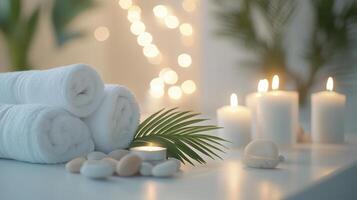 Serene spa setting with rolled white towels, lit candles, and smooth stones for a relaxing and calming atmosphere. Spa accessory composition set in spa hotel photo