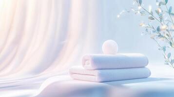 Serene bath setting with soft white towels and glowing orb on elegant draped background with delicate branches enhancing a calm atmosphere. Spa accessory composition set in spa hotel photo