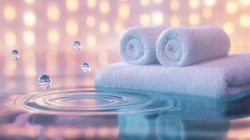 Soft white towels on water reflect serenity and spa ambiance with soothing pastel colors and gentle ripples under dim lights. Spa accessory composition set in spa hotel photo