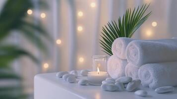Peaceful spa setting with rolled white towels, glowing candle, and smooth stones against a soothing background of blurred warm lights. Spa accessory composition set in spa hotel photo