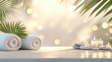 Serene spa setting with white towels and lit candles surrounded by green palm leaves creating a calming tropical atmosphere. Spa accessory composition set in spa hotel photo