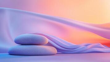 Serene balance, two smooth stones resting on draped fabric with soft pastel gradient sunset and gentle wavy fabric background. Spa accessory composition set in spa hotel photo