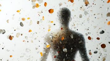 Abstract portrait of male figure surrounded by floating fragments and petals in a dynamic expression of movement and transformation. Spa accessory composition set in spa hotel photo