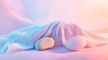 Serenity of stones and soft fabric in pastel light, a harmonious still life with textures of smooth stone and gentle cloth drapery. Spa accessory composition set in spa hotel photo
