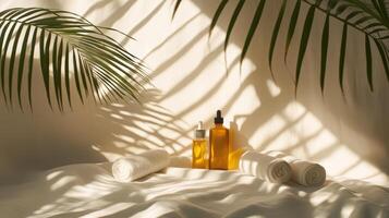 Elegant spa setup featuring natural light and shadows with amber bottles and rolled white towels on a soft fabric background. Spa accessory composition set in spa hotel photo