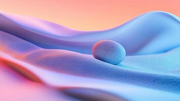 Mesmerizing abstract landscape with soft blue and pink waves highlighting a central spherical form in a serene environment. Spa accessory composition set in spa hotel photo