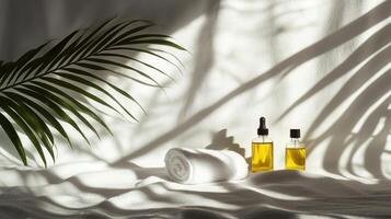 Spa tranquility, essential oil bottles and rolled towel on white background with palm leaf shadow for relaxation and wellness concepts. Spa accessory composition set in spa hotel photo