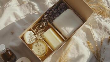 Natural skincare gift box with organic soap, lavender, candles, and soft towel on sunlit linen for a relaxing spa experience. Spa accessory composition set in spa hotel photo