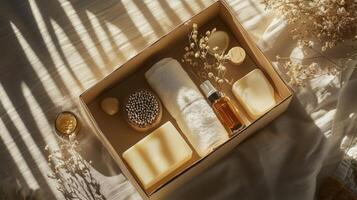 Luxurious spa gift set featuring essential oil, natural soaps, and soft towel in sunlit box with elegant dried flowers for a relaxing retreat. Spa accessory composition set in spa hotel photo