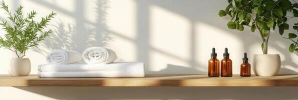 Serene minimalist bathroom shelf with white towels, amber bottles, and potted green plants in sunlight for a fresh spa ambiance. Spa accessory composition set in spa hotel photo