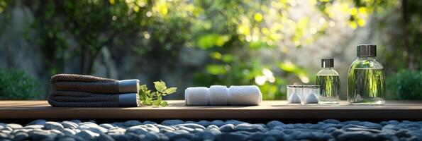 Luxurious spa setting with towels and essential oils on a pebble surface surrounded by lush greenery in tranquil natural light. Spa accessory composition set in spa hotel photo