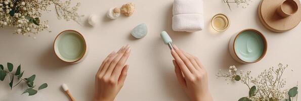 Young caucasian female preparing for relaxing home spa day with manicure tools and aromatherapy in serene natural setting for pampering. Spa accessory composition set in spa hotel photo