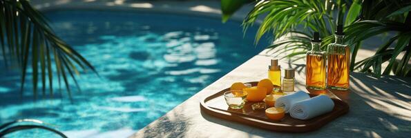 Tropical oasis, luxurious spa setting with citrus aromatherapy and relaxing poolside vibes for a refreshing summer escape. Spa accessory composition set in spa hotel photo