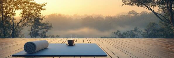 Tranquil sunrise yoga, rolled mat and steaming cup on wooden deck overlooking misty forest landscape. Spa accessory composition set in spa hotel photo