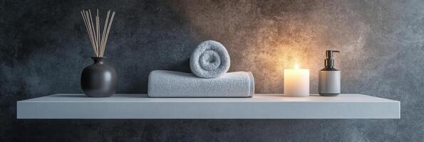 Serenity on a shelf, elegant arrangement of spa essentials featuring rolled towels, candle, and diffuser set against a textured wall. Spa accessory composition set in spa hotel photo