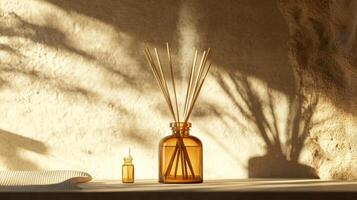 Elegant aromatic diffuser with amber glass bottle and wooden sticks casting gentle shadows in warm sunlit room with relaxing atmosphere. Spa accessory composition set in spa hotel photo