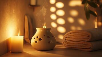Calming spa ambiance with a glowing candle, ceramic oil burner, and soft towels in warm, relaxing lighting for ultimate serenity. Spa accessory composition set in spa hotel photo