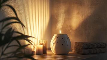 Warm glow of candlelight in a cozy relaxation space with decorative aromatic elements and natural textures for tranquil ambience. Spa accessory composition set in spa hotel photo