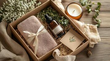 Luxury spa gift box with essential oil bottle, beige towel, and candle for relaxation and aromatherapy on rustic wooden tabletop setting. Spa accessory composition set in spa hotel photo