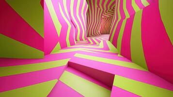 Vibrant pink and green striped abstract corridor creates a surreal optical illusion of depth and movement in expansive interior space. Background texture with funky vibes photo