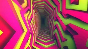 Vibrant neon tunnel with dynamic pink, green, and yellow geometric patterns creates an illusion of infinite depth and visual hypnosis. Background texture with funky vibes photo