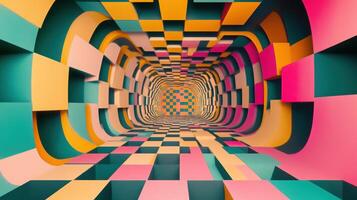Vibrant abstract tunnel of colorful checkered patterns with geometric shapes and illusory perspective in surreal design. Background texture with funky vibes photo