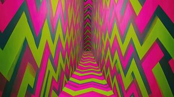 Vivid abstract art with green and pink zigzag patterns creating dynamic 3d depth in a vibrantly illuminated room for modern design inspiration. Background texture with funky vibes photo