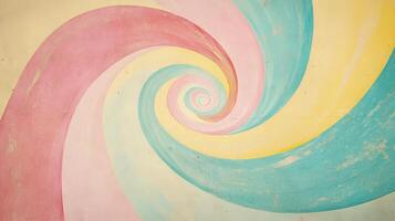 A colorful abstract spiral swirl in pastel shades of pink, yellow, and teal creates a vibrant and dynamic artistic composition. Background texture with funky vibes photo