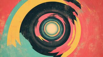 Abstract retro-inspired geometric swirl with vibrant yellow, red, blue, and black concentric circles creates dynamic visual depth. Background texture with funky vibes photo