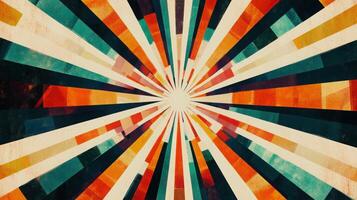 Abstract geometric explosion with vibrant radial patterns and multicolored concentric stripes in retro vintage style art. Background texture with funky vibes photo