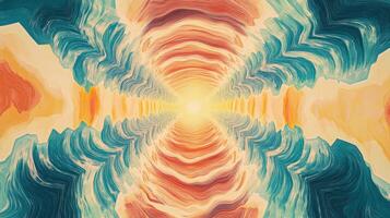 Abstract vibrant tunnel of swirling colors with radiant light centered in mesmerizing symmetrical design capturing visual depth and movement. Background texture with funky vibes photo