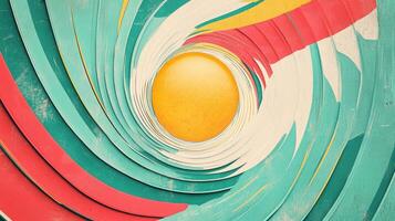 Abstract surreal design with vibrant spirals and central yellow sphere in textured layers of red, green, and blue hues creating depth. Background texture with funky vibes photo