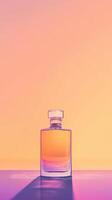 Elegant glass perfume bottle against a colorful gradient background of peach and purple hues with reflective surface displaying shadows photo