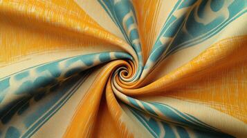 Vibrant orange and teal twisted fabric creating an intricate spiral pattern of colorful textures and eye-catching abstract designs. Background texture with funky vibes photo