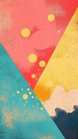Abstract geometric art with bold colors and dynamic shapes featuring circles on pink, yellow, and blue triangular backgrounds photo