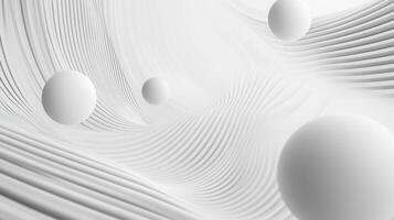 Abstract white spheres floating in a serene minimalistic wave patterned space conveys elegance and harmony of modern design elements photo