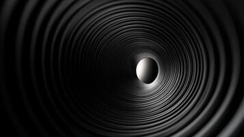 Abstract black spiral tunnel with concentric rings and central light source creating an intriguing optical illusion in monochrome design photo