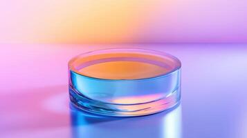 Mesmerizing glass sculpture in gradient light displaying enchanting hues of blue, orange, and pink in a smooth, reflective setting photo