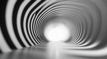 Abstract monochrome spiral tunnel with dynamic black and white stripes creating hypnotic depth and light illusion photo