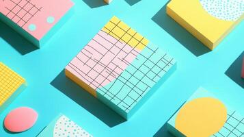 Colorful geometric patterns on boxes with pink, yellow, and blue shapes against a bright turquoise background create a modern art scene photo