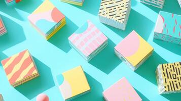 Colorful geometric patterns on square boxes create a vibrant and playful design on a bright turquoise background with artistic shadows photo